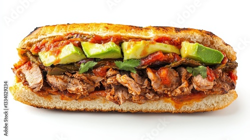 Scrumptious mexican torta sandwich piled high with flavorful meat and creamy avocado on soft artisan bread