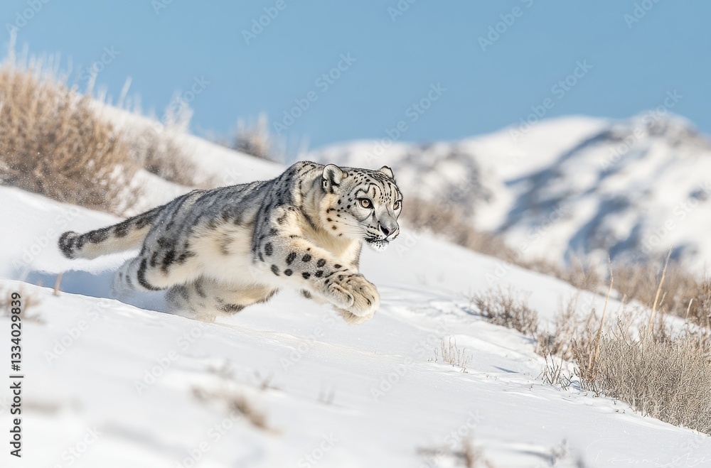 Obraz premium Majestic Snow Leopard in Mid-Run Across a Snowy Landscape with Gorgeous Mountain Background Under Clear Blue Sky