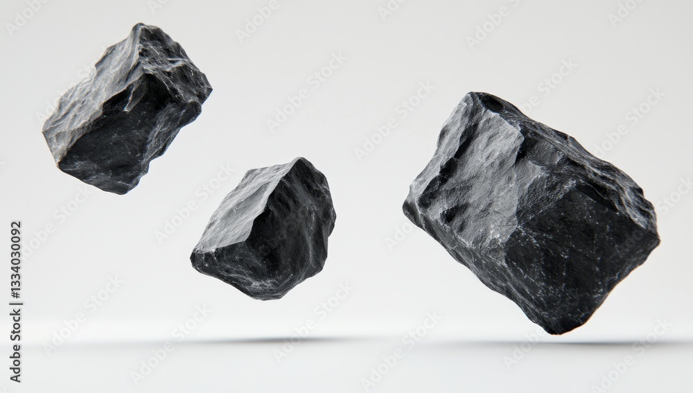 Naklejka premium Three dark grey, irregular-shaped cubes, levitating against a plain white background