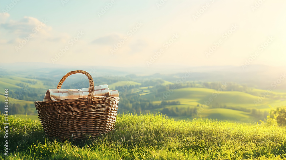 Idyllic picnic scene with basket on green grass and rolling hills in the background Idyllic picnic scene with basket on green grass and rolling hills in the background