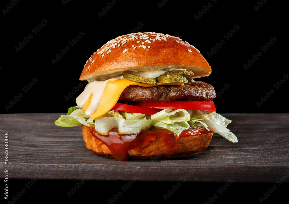 Seamless pattern of juicy cheeseburgers. Perfect for fast food advertising, menu backgrounds, and digital marketing designs