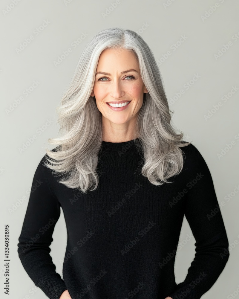 Fototapeta premium Senior woman with flowing gray hair and black shirt smiling softly against a soft gray backdrop in a peaceful portrait