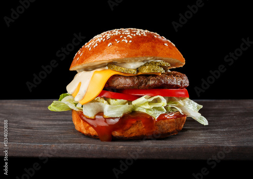 Obraz na płótnie Seamless pattern of juicy cheeseburgers. Perfect for fast food advertising, menu backgrounds, and digital marketing designs w salonie