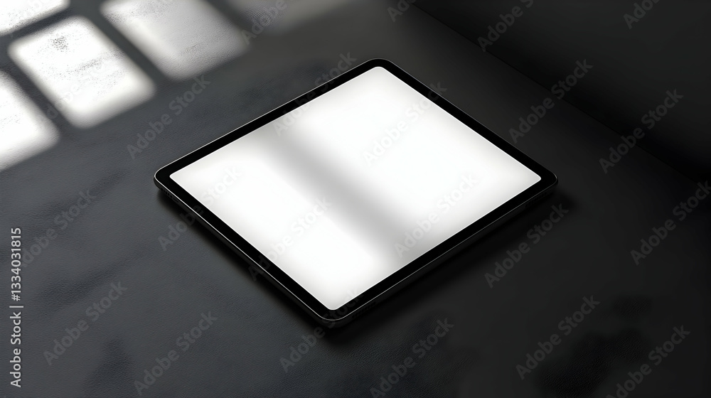 Tablet mockup on a dark background with window light and shadow for app or website design