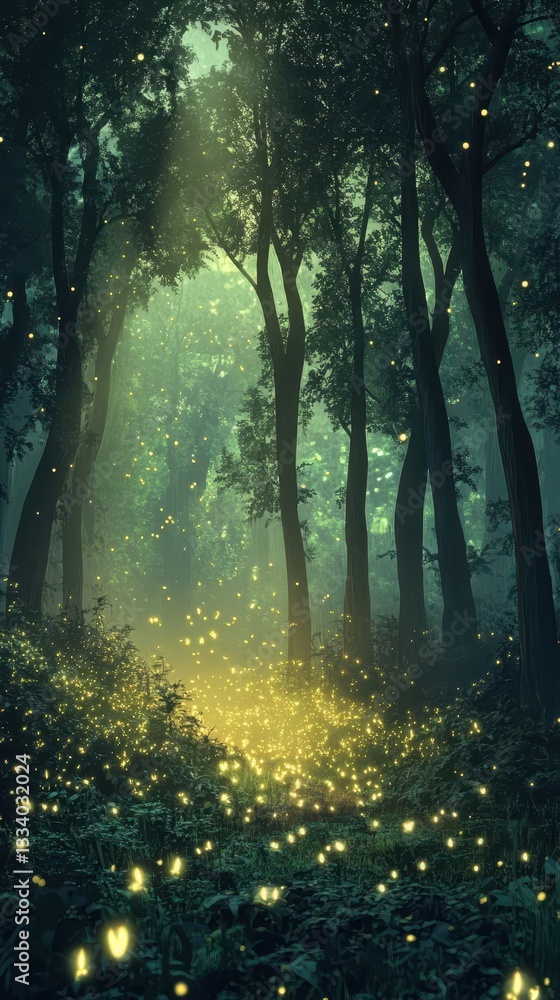 Naklejka premium A mystical forest scene filled with enchanting glowing lights