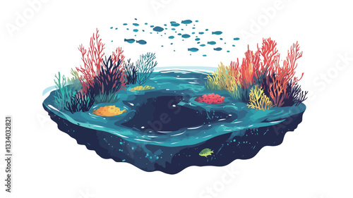 A digital illustration depicting a circular coral reef viewed from above. The reef is predominantly dark blue, surrounded by lighter blue water.?Various types of colorful coral are depicted, along