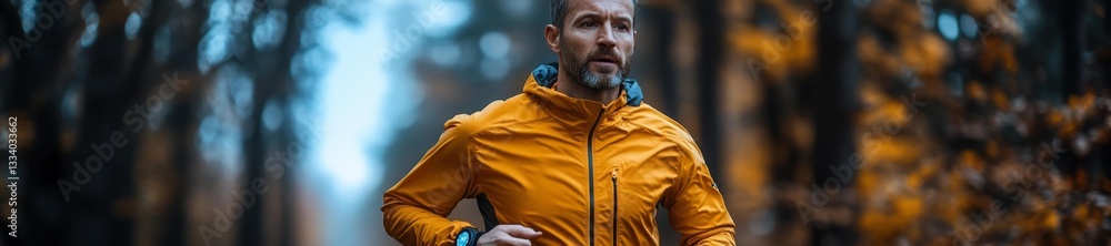 Fototapeta premium A Runner Monitoring Heart Rate While Running in the Forest. Generative AI