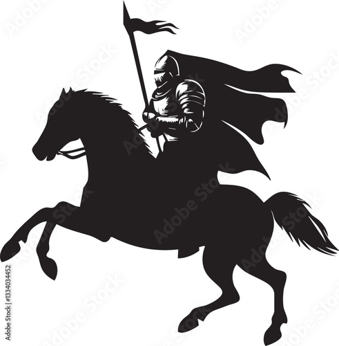 Black flat silhouette vector icon, A knight in armor riding a warhorse with a lance
