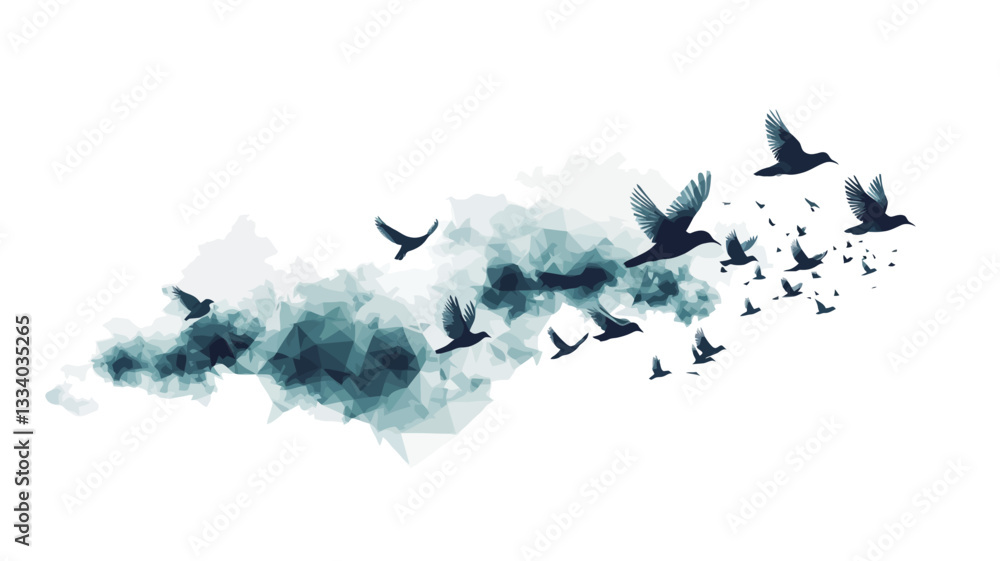 Fototapeta premium The image depicts a stylized flock of birds in flight against a white background. The birds are rendered in dark teal or blue silhouettes, varying slightly in size and position to suggest