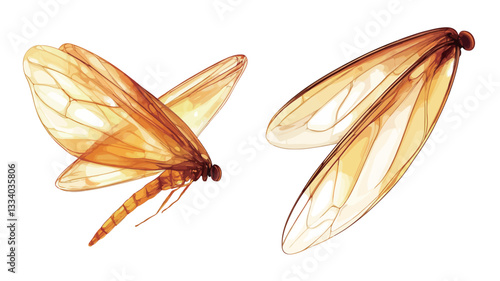 The image shows a detailed close-up of an amber-winged insect and a separate view of its wings. The insect is depicted in profile view with wings spread, showing translucent amber coloration with