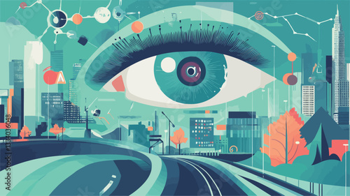 An abstract illustration depicting a stylized eye dominating the central focus.  The eye is rendered in shades of teal and turquoise, appearing to encompass a miniature cityscape composed of