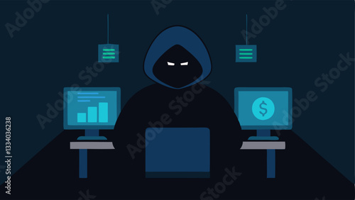 Silhouetted Hacker A dark silhouette of a hacker sitting at a computer in a dimly lit room screen glowing with code and bank symbols while wearing a hoodie.