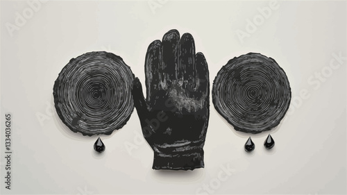 High-angle, close-up view of a still life composition. The image features a black leather glove centrally positioned against a white background. Flanking the glove on either side are two identical,