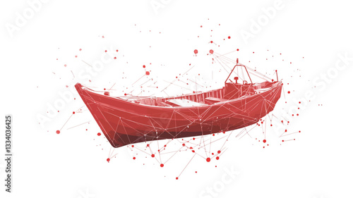 An illustration of a red boat rendered in an abstract style. The boat appears to be made of a fluid substance, with red droplets and splashes surrounding it against a stark white background. The