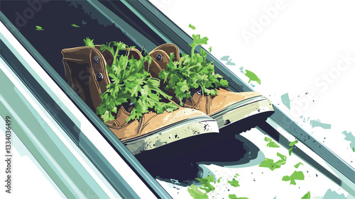 The image is a stylized illustration showing a pair of tan work boots with small green plants sprouting from them. The boots are positioned on a light-grey conveyor belt, which is angled upwards