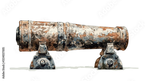 A high-angle, full shot of a long, cylindrical cannon, heavily rusted and showing significant signs of weathering and decay. The cannon rests on a dark-colored metal carriage with visible wear and