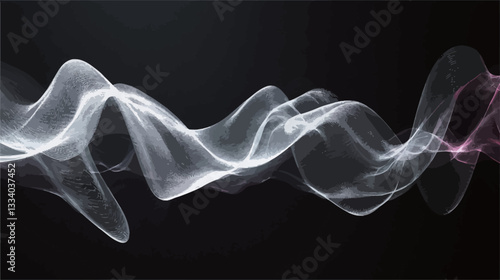 The image depicts a horizontal arrangement of translucent, flowing wave forms on a dark background.  The waves are primarily white and gray, with hints of pale pink towards the right edge. The