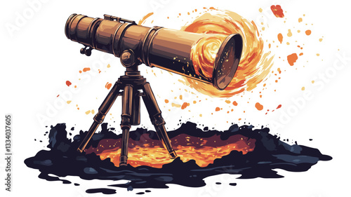 A digital painting depicts an antique-style brass telescope positioned on a tripod, set within a fiery, swirling vortex emanating from its eyepiece. The base of the tripod rests on a dark surface