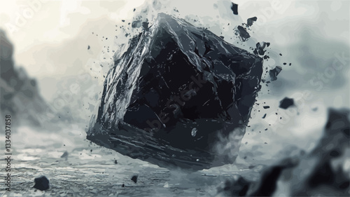 The image presents a dark grey, roughly textured cube in mid-air, seemingly disintegrating.  Small fragments of rock and dust are scattered around it, suggesting a violent event. The background is