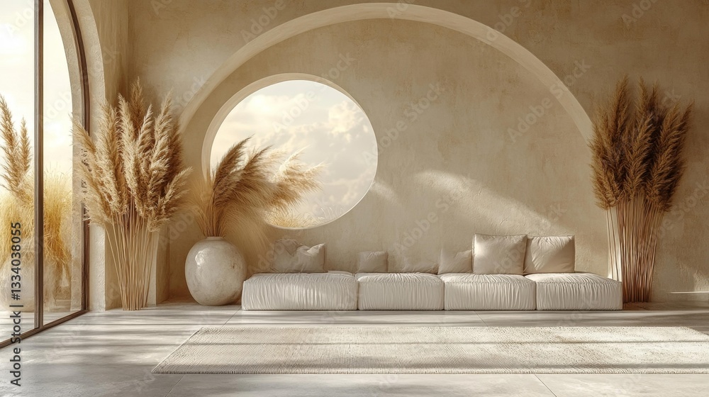 Fototapeta premium Geometric form in soft beige tones with balanced negative space. Generative AI