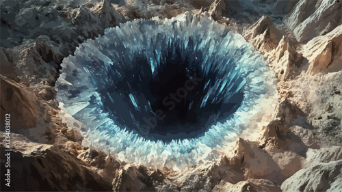 High-resolution digital image depicting an abstract, crystalline formation resembling a deep, dark hole.  The formation is predominantly blue and teal in color, with a crystalline structure