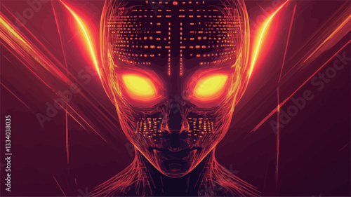 Close-up digital rendering of an alien-like being.  The figure is predominantly dark, with glowing orange and red accents outlining its features and emanating from behind.  The alien's face is