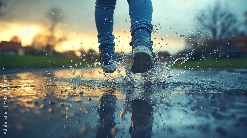 Sunset Run Puddles Splashed in Suburban Street Sunset Run Puddles Splashed in Suburban Street