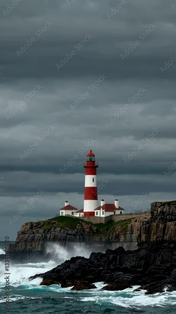 Dramatic waves crash against lighthouse on stormy coastline Dramatic waves crash against lighthouse on stormy coastline
