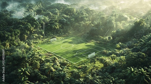Jungle football match clearing in rainforest sports field lush environment aerial view adventure