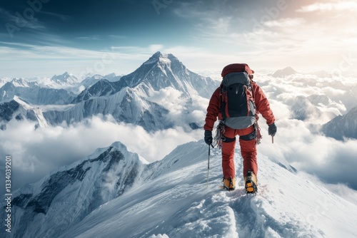 A climber reaching the summit of a snowy mountain, planting a flag with a triumphant smile as the world stretches out below them