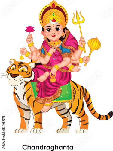 Maa Chandraghanta Worship on the Third Day of Navratri Character Vector Illustration