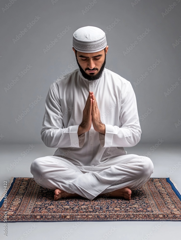 Fototapeta premium A man sitting on a rug, dressed in a white outfit