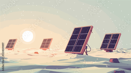 A digital illustration depicts four solar panels positioned on a stylized, low-polygon desert landscape. The panels are angled towards a large, bright sun depicted in the background. The color