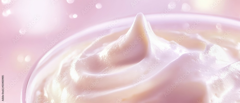 Creamy yogurt with glowing probiotics in soft pastel background Creamy yogurt with glowing probiotics in soft pastel background