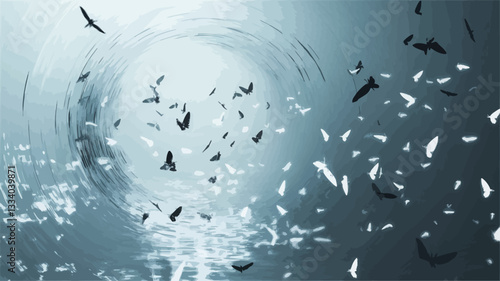 The image is an abstract representation of a large flock of birds in flight. The birds are depicted as dark silhouettes against a lighter background. The overall composition creates a swirling
