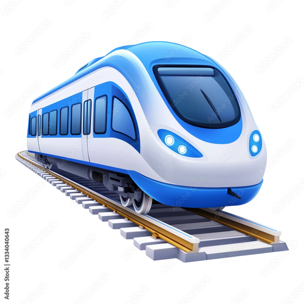 A Sleek Blue and White Train Stationed on Vibrant Railway Tracks with a Crisp White Background, Ideal for Transportation and Travel Themes A Sleek Blue and White Train Stationed on Vibrant Railway Tracks with a Crisp White Background, Ideal for Transportation and Travel Themes