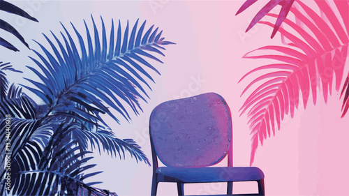 Close-up studio shot of a modern, upholstered chair with a rounded back. The chair is positioned centrally and is illuminated by pink and blue neon lighting creating a color gradient.  Two potted