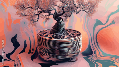 The image features a digitally rendered bonsai tree in a dark-colored pot. The bonsai tree has a thick, twisted trunk and delicate branches with pinkish leaves.  The tree is set against a backdrop