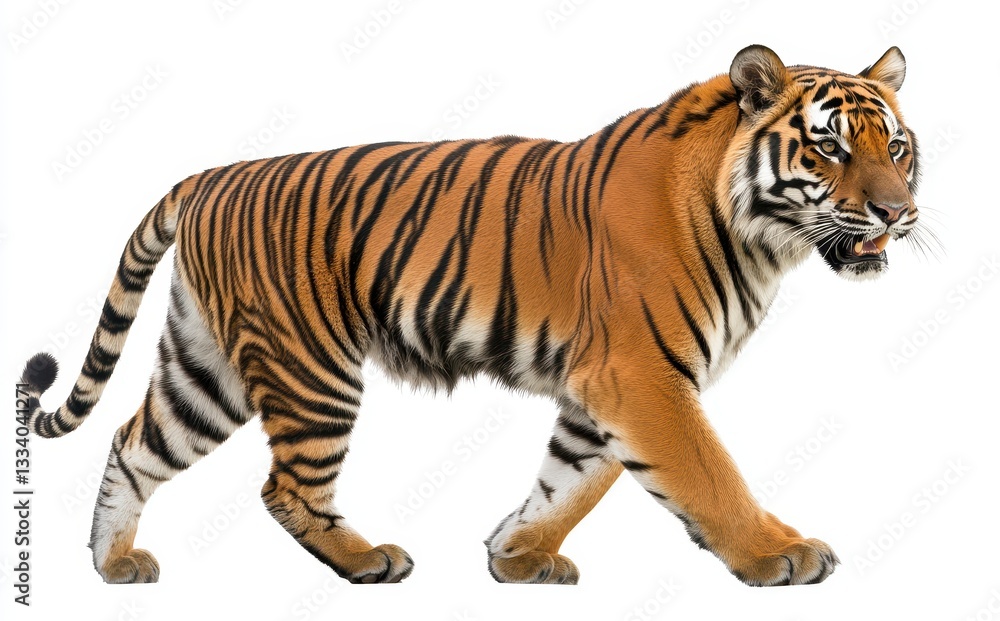 Obraz premium Majestic tiger walking gracefully against a white background, showcasing vibrant orange and black stripes in a natural and powerful pose