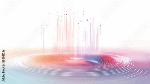 The image depicts an abstract visualization of data flow.  It features numerous thin, vertical lines of light emanating from a central point and extending upwards towards a bright white background.
