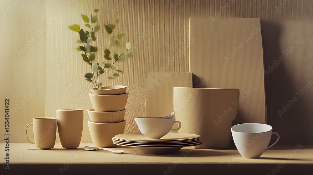 Elegant beige ceramic tableware still life with greenery art cups calm home soft bowls Elegant beige ceramic tableware still life with greenery art cups calm home soft bowls