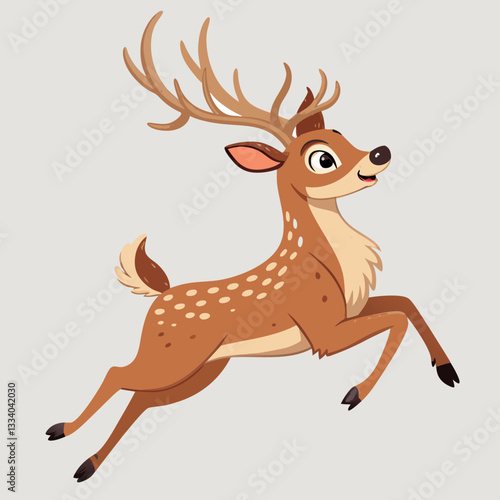 A cute cartoon deer with white spots is running and jumping.
