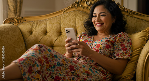 Happy woman using smart phone while relaxing on golden sofa. Generated AI