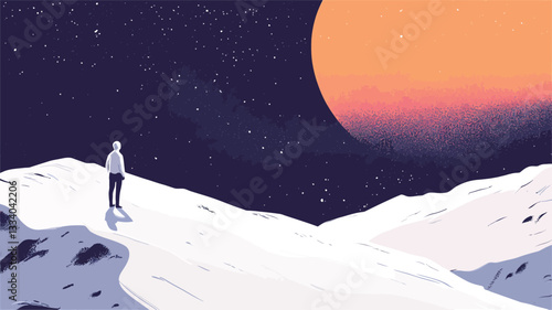 Digital illustration depicting a minimalist scene of a lone figure standing on a snow-covered hill or mountain under a night sky. A large, stylized planet dominates a significant portion of the