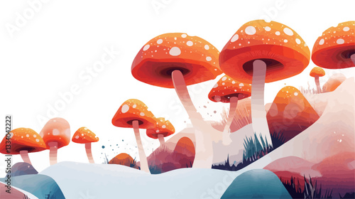 Digital illustration depicting a cluster of stylized red and white spotted mushrooms in a whimsical landscape. The mushrooms are rendered in a cartoonish style with smooth gradients and soft