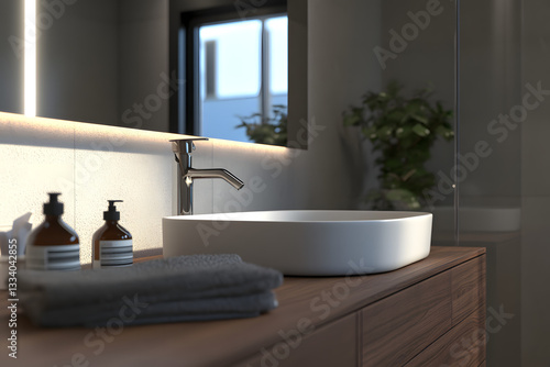A modern bathroom scene featuring a sleek sink, stylish toiletries, and natural light, creating a calming and elegant atmosphere.