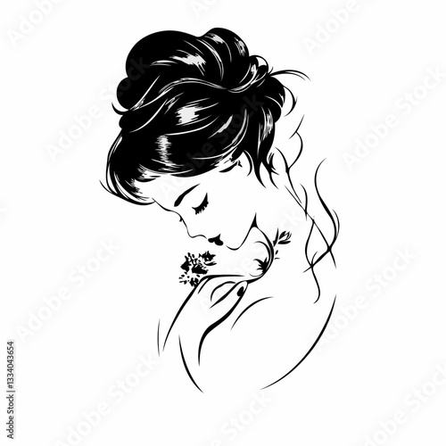Thoughtful Woman Holding Flower Line Art