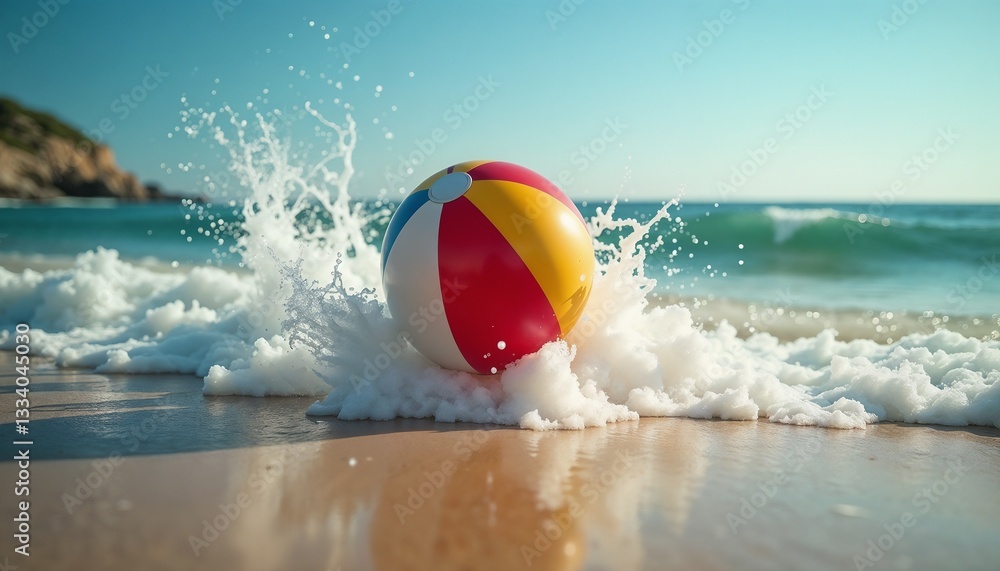 Obraz premium Brightly colored beach ball partially submerged in a wave with summer fun against sandy beach