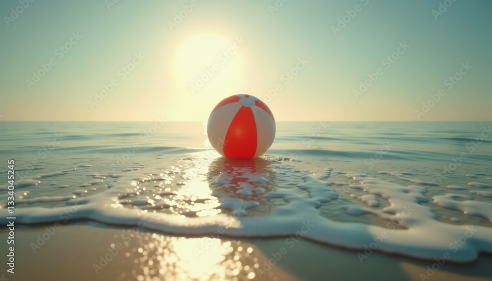 Red and white beach ball on sandy beach with peaceful mood at sunrise Red and white beach ball on sandy beach with peaceful mood at sunrise