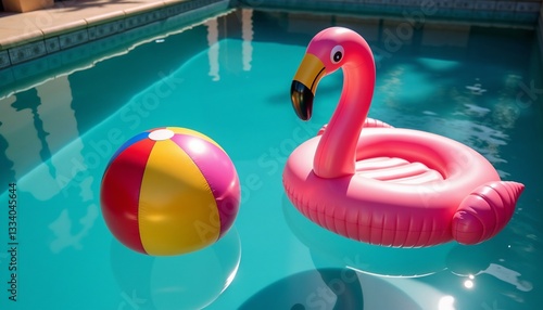 Wallpaper Mural Vibrant beach ball and pink flamingo with summer fun floating in sparkling blue swimming pool Torontodigital.ca